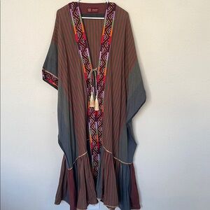 Embroidered Striped Boho Duster Kaftan with Tassel Tie